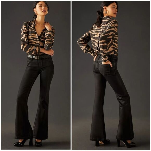 NWT Paige Genevieve Black Fog Luxe Coating Flare Pants Size 28 - Picture 9 of 15